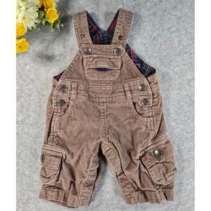 JoJo Maman Bebe Baby Brown Corduroy Plaid Lined Cargo Overalls 0-3M